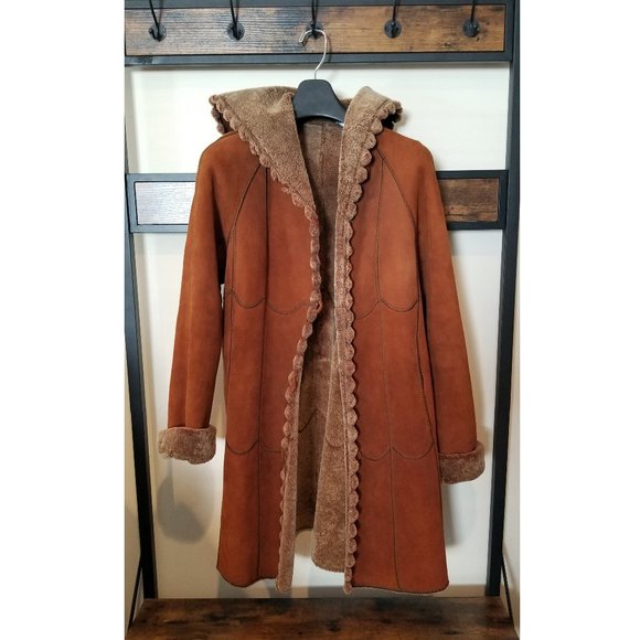 Brown Shearling Real Fur Coat Jacket Hooded Size L - Designer Andrew Elissee